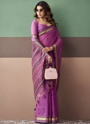 Purple premium cotton blend woven saree with contrast border 1
