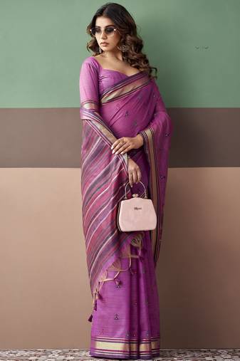 Purple premium cotton blend woven saree with contrast border