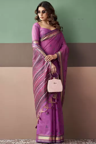 Purple premium cotton blend woven saree with contrast border
