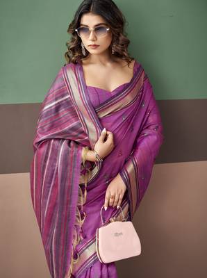 Purple premium cotton blend woven saree with contrast border 2