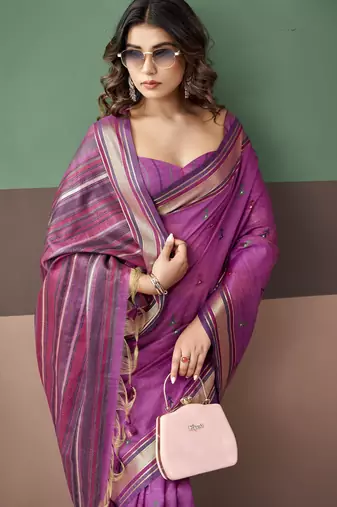 Purple premium cotton blend woven saree with contrast border