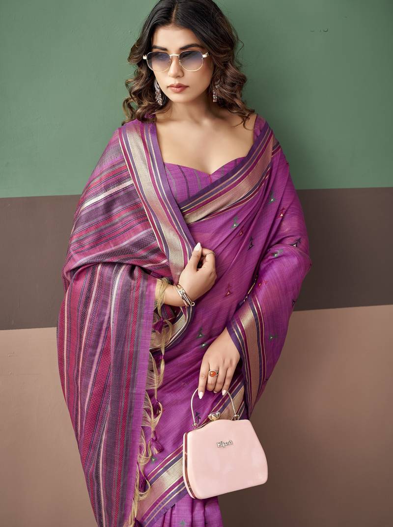 Purple premium cotton blend woven saree with contrast border