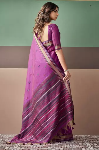 Purple premium cotton blend woven saree with contrast border