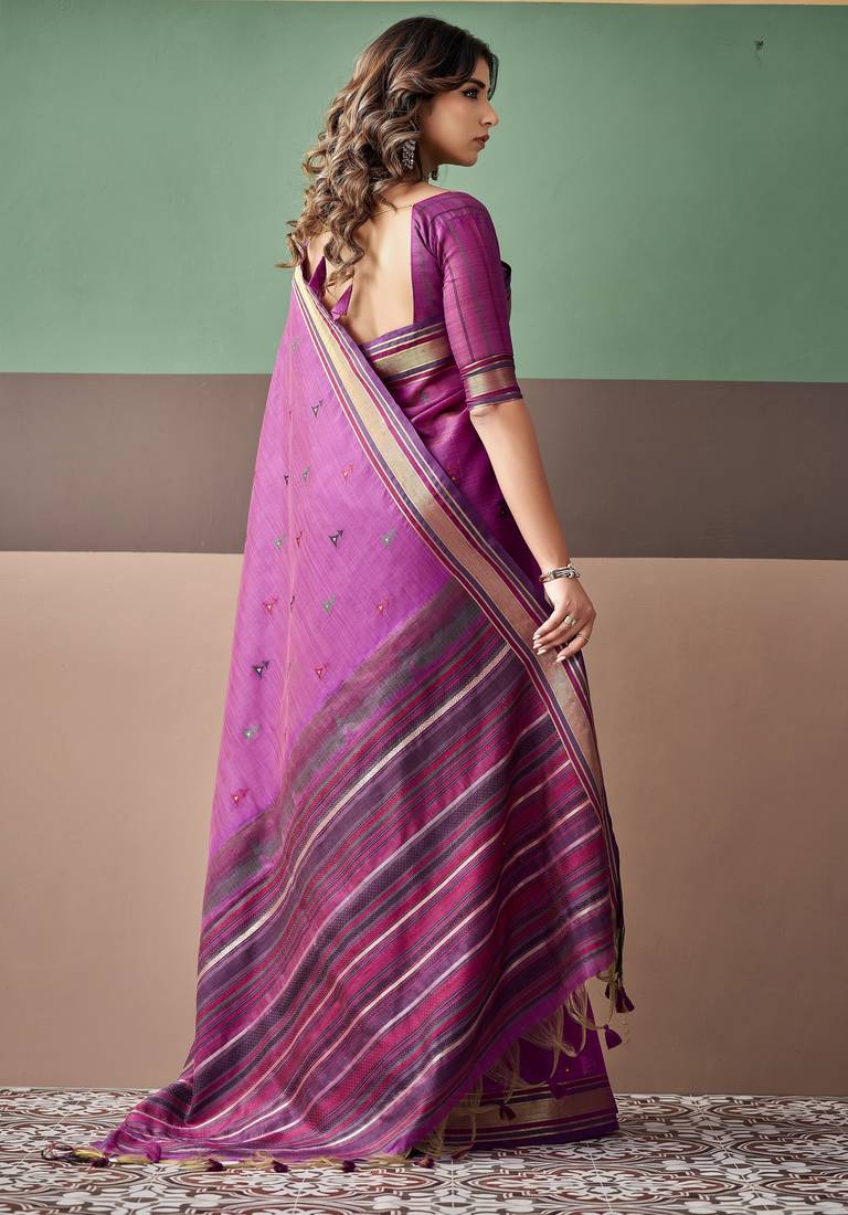 Purple premium cotton blend woven saree with contrast border