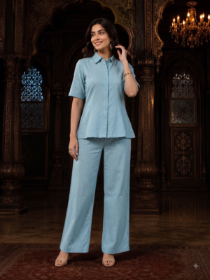 Sky blue solid collared two-piece co-ord set 1
