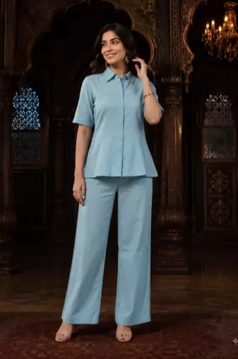 Sky blue solid collared two-piece co-ord set