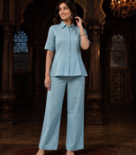 Sky blue solid collared two-piece co-ord set