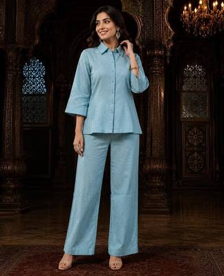 Sky blue solid collared two-piece co-ord set 1