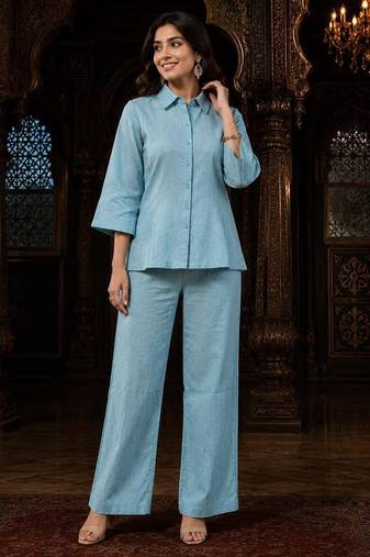Sky blue solid collared two-piece co-ord set