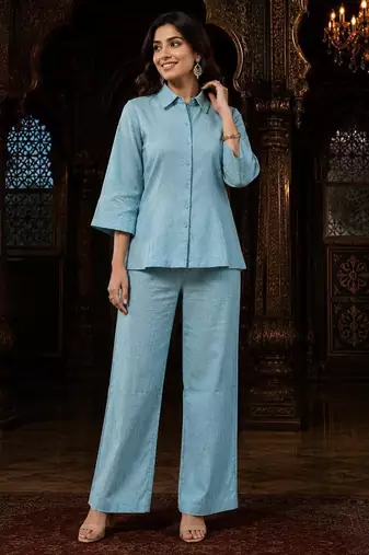 Sky blue solid collared two-piece co-ord set