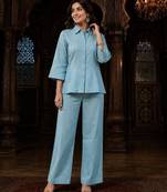 Sky blue solid collared two-piece co-ord set