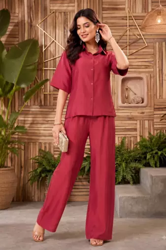 Maroon solid collared two-piece co-ord set