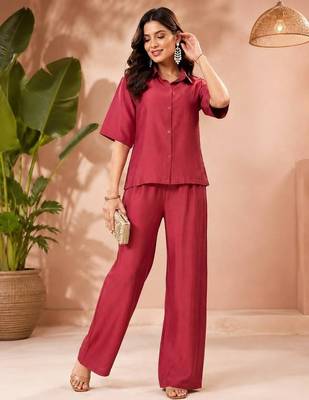 Maroon solid collared two-piece co-ord set 1