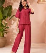 Maroon solid collared two-piece co-ord set