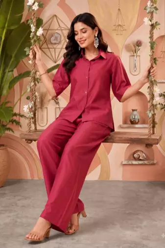 Maroon solid collared two-piece co-ord set