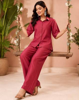 Maroon solid collared two-piece co-ord set 2