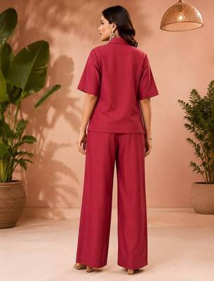 Maroon solid collared two-piece co-ord set 3