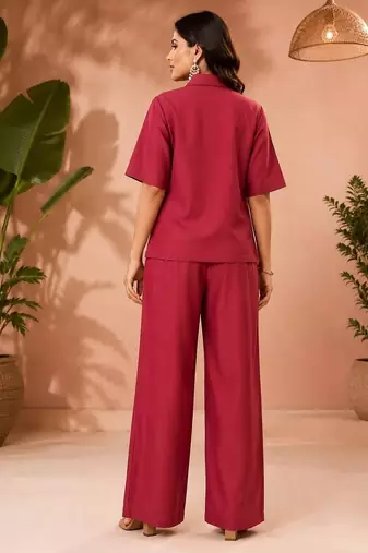 Maroon solid collared two-piece co-ord set