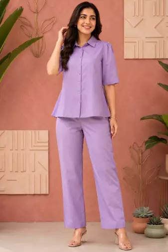 Lavendar solid collared two-piece co-ord set