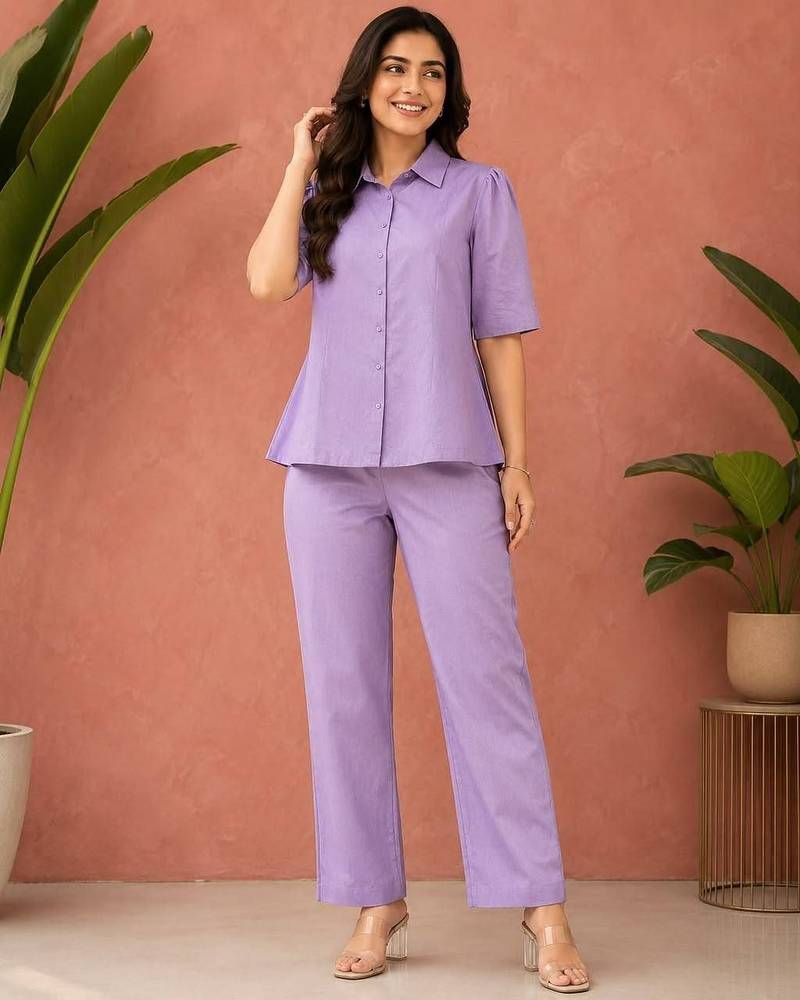 Lavendar solid collared two-piece co-ord set