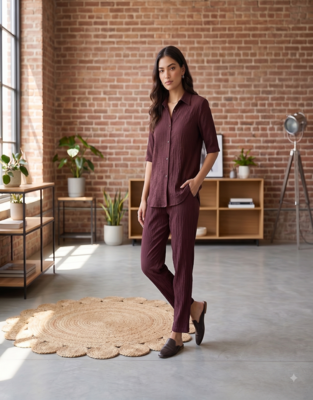 Brown solid collared two-piece co-ord set 1