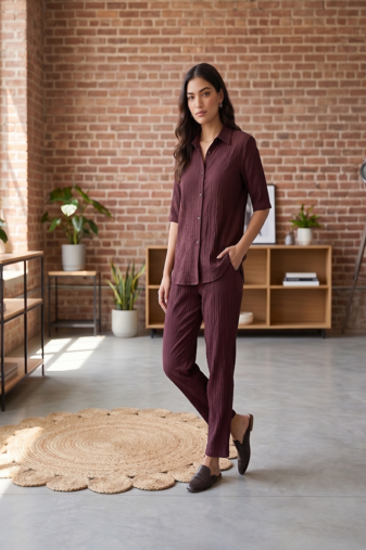 Brown solid collared two-piece co-ord set
