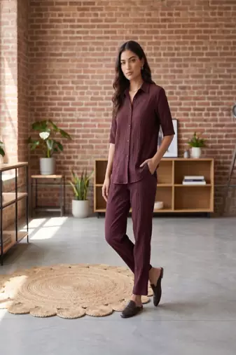 Brown solid collared two-piece co-ord set