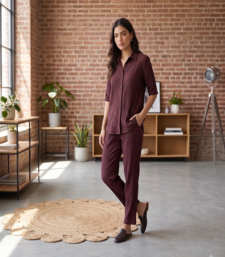 Brown solid collared two-piece co-ord set