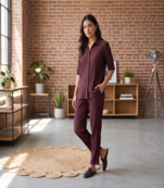 Brown solid collared two-piece co-ord set