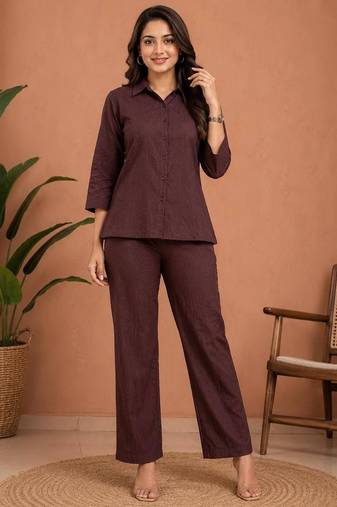Brown solid collared two-piece co-ord set