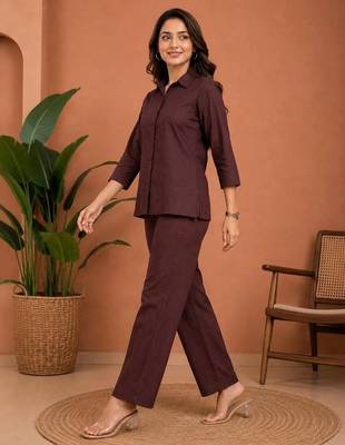 Brown solid collared two-piece co-ord set 2