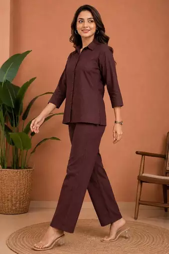 Brown solid collared two-piece co-ord set