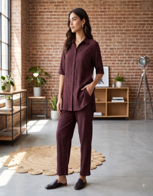 Brown solid collared two-piece co-ord set 3