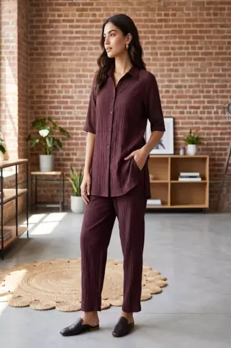 Brown solid collared two-piece co-ord set