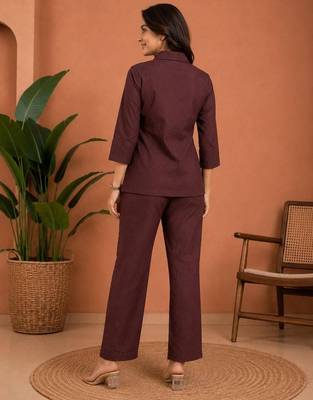Brown solid collared two-piece co-ord set 3