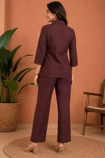 Brown solid collared two-piece co-ord set