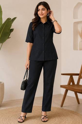 Black solid collared two-piece co-ord set