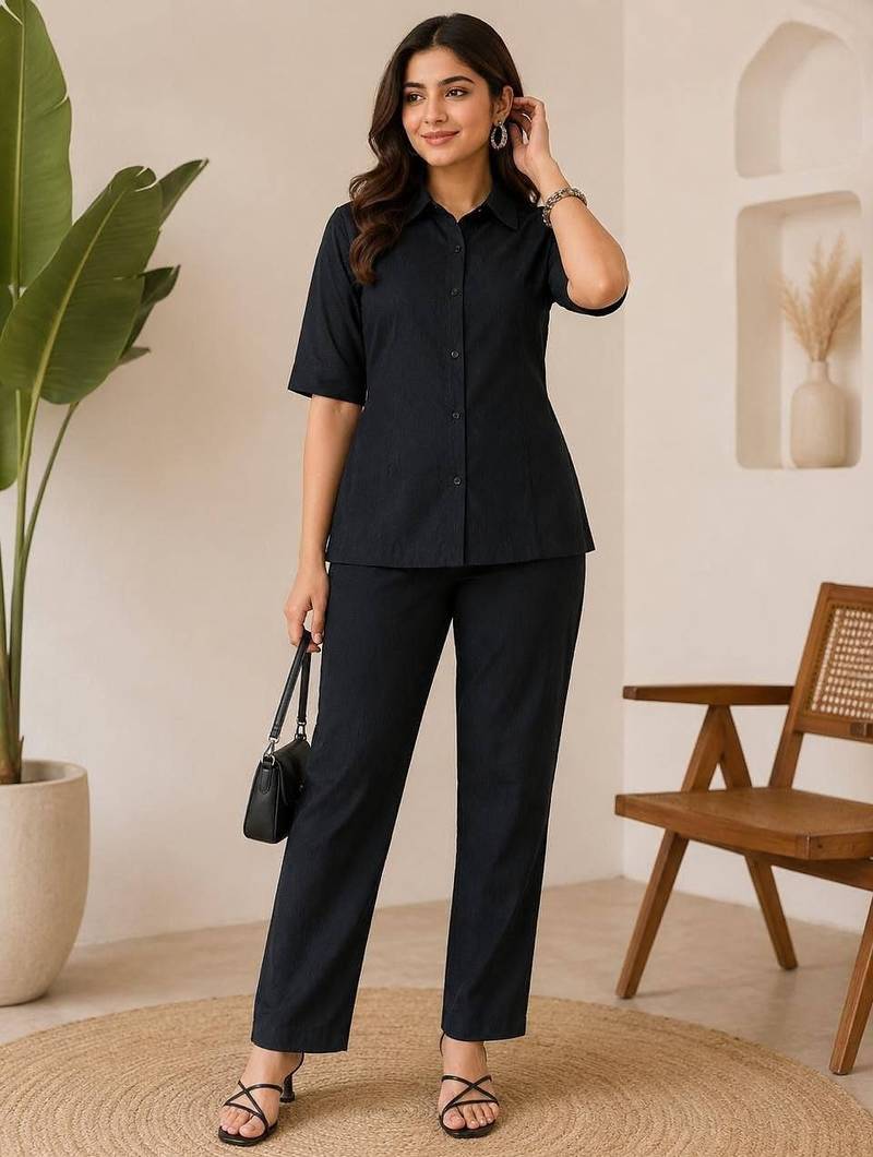 Black solid collared two-piece co-ord set