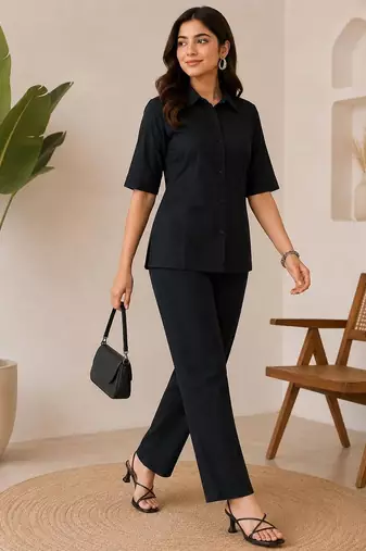 Black solid collared two-piece co-ord set