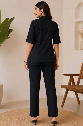 Black solid collared two-piece co-ord set