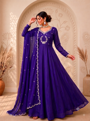Royal purple designer neckline embroidered georgette flared gown set 1