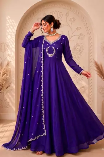 Royal purple designer neckline embroidered georgette flared gown set