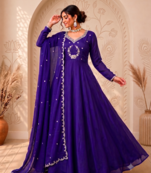 Royal purple designer neckline embroidered georgette flared gown set