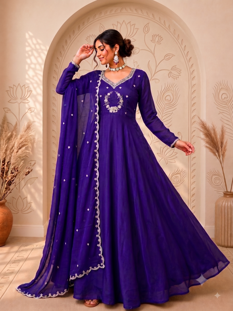 Royal purple designer neckline embroidered georgette flared gown set