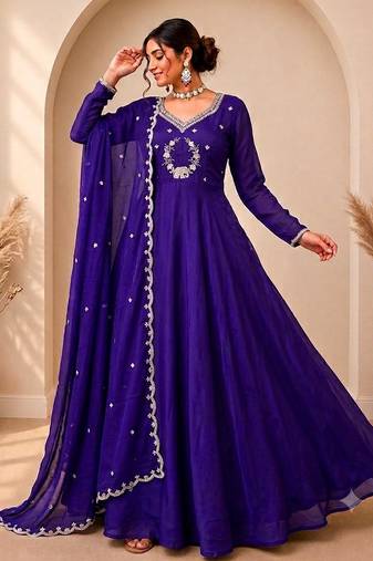 Royal purple designer neckline embroidered georgette flared gown set