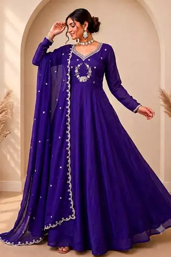 Royal purple designer neckline embroidered georgette flared gown set