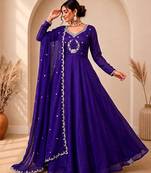 Royal purple designer neckline embroidered georgette flared gown set