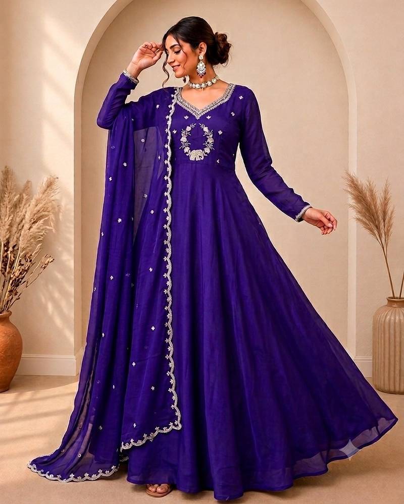 Royal purple designer neckline embroidered georgette flared gown set