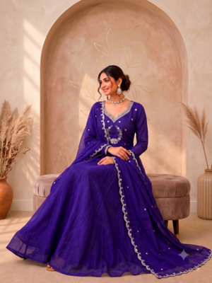 Royal purple designer neckline embroidered georgette flared gown set 2