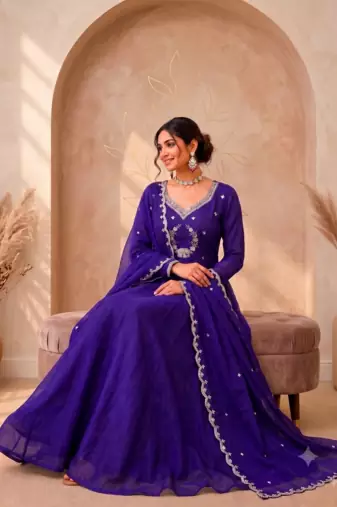 Royal purple designer neckline embroidered georgette flared gown set